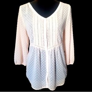 Lauren Conrad Pale Peach Swiss Dot 3/4 Sleeve Sheer Top sz M